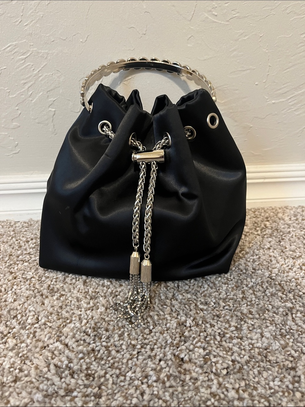 Black Satin Drawstring Mini Bag with Silver Chain Handle